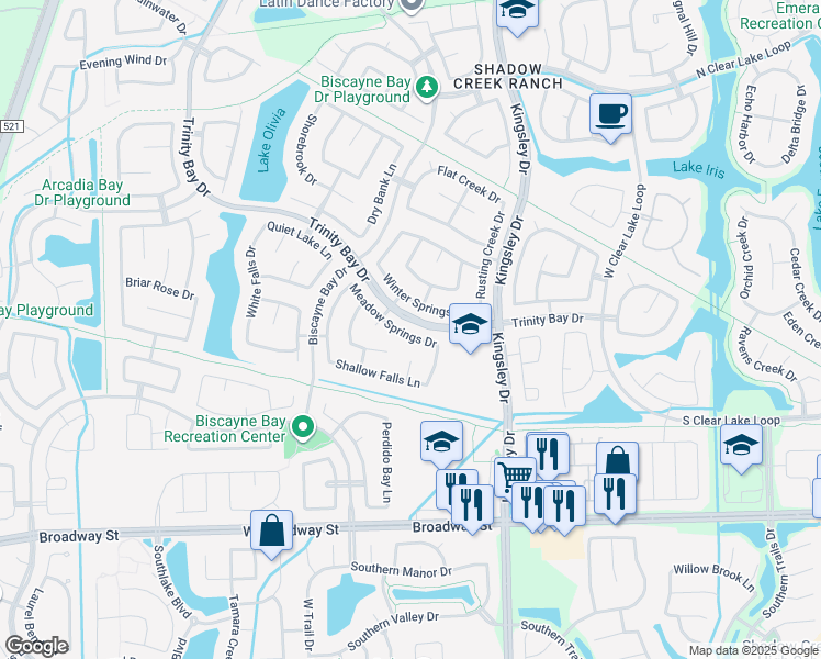 map of restaurants, bars, coffee shops, grocery stores, and more near 12915 Meadow Springs Drive in Pearland