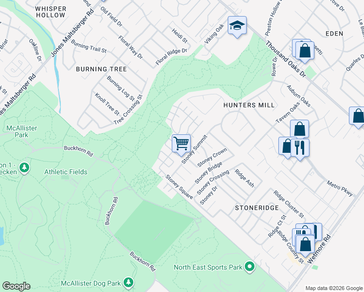 map of restaurants, bars, coffee shops, grocery stores, and more near 3131 Stoney Grove in San Antonio