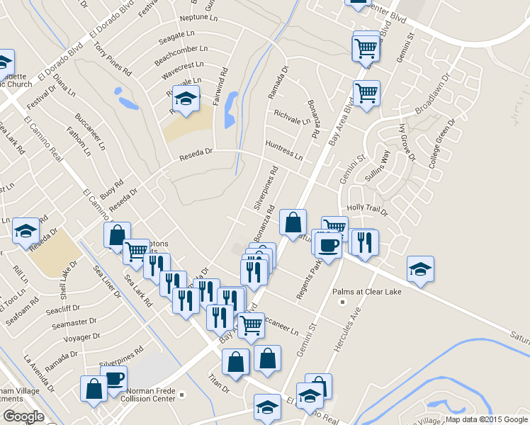 map of restaurants, bars, coffee shops, grocery stores, and more near 1425 Bonanza Road in Houston
