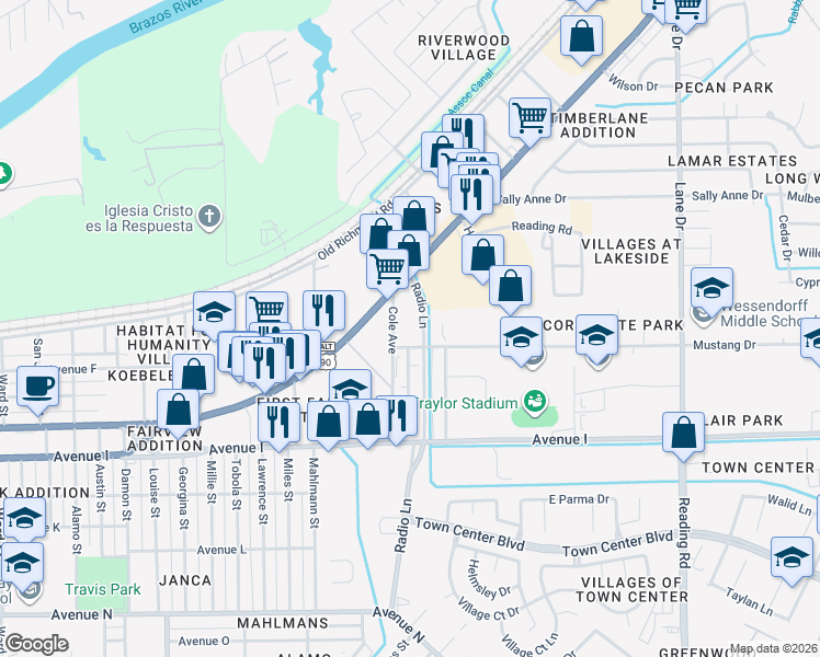 map of restaurants, bars, coffee shops, grocery stores, and more near 2202 Radio Lane in Rosenberg