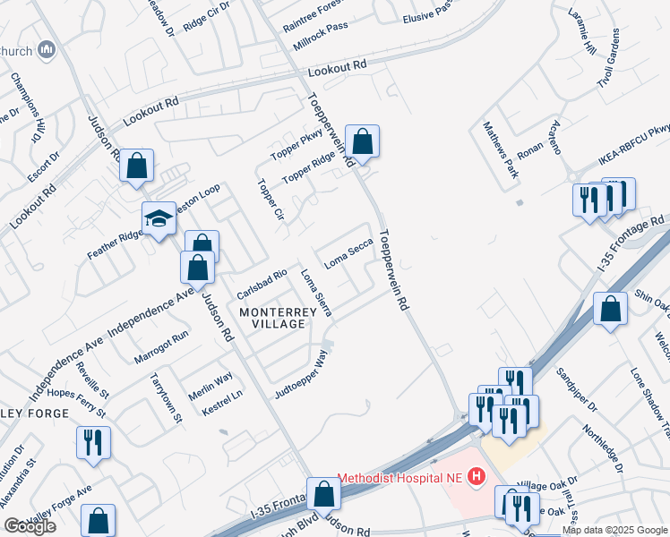 map of restaurants, bars, coffee shops, grocery stores, and more near 6715 Loma Secca in San Antonio