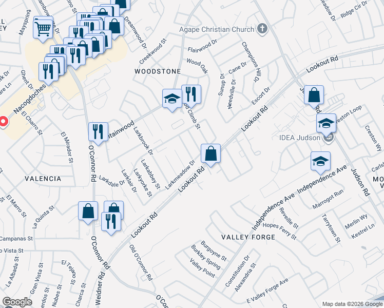 map of restaurants, bars, coffee shops, grocery stores, and more near 13214 Larkplace Drive in San Antonio