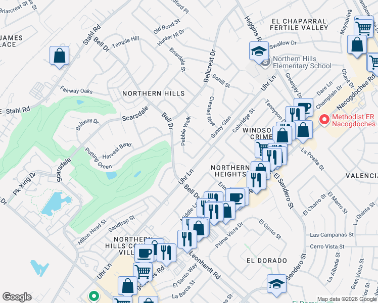map of restaurants, bars, coffee shops, grocery stores, and more near 4710 Cobble Crest Street in San Antonio