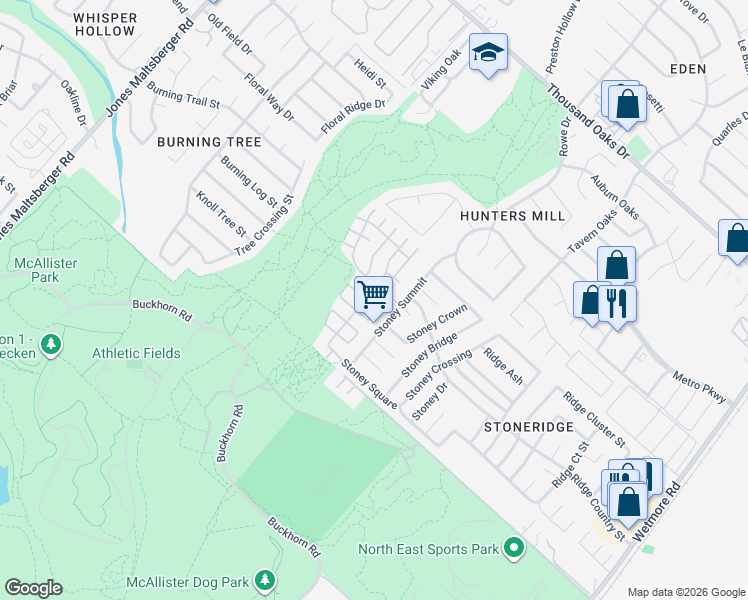 map of restaurants, bars, coffee shops, grocery stores, and more near 3131 Stoney Grove in San Antonio