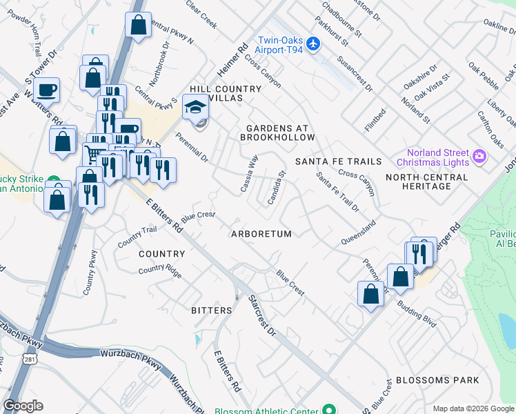 map of restaurants, bars, coffee shops, grocery stores, and more near 13306 Caper Lane in San Antonio