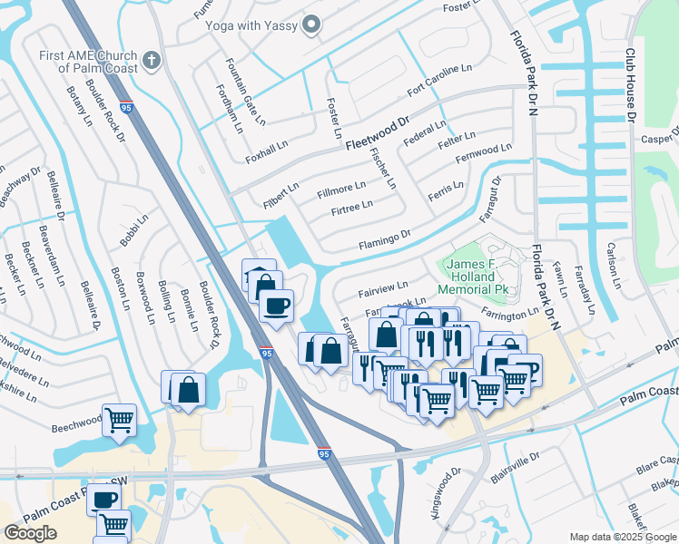 map of restaurants, bars, coffee shops, grocery stores, and more near 85 Farragut Drive in Palm Coast