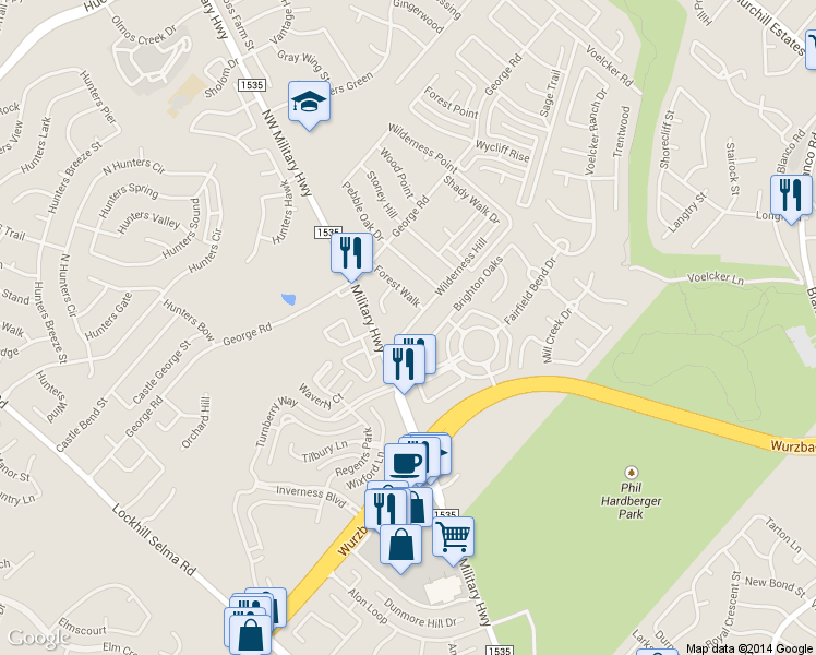 map of restaurants, bars, coffee shops, grocery stores, and more near 2510 Wilderness Hill in San Antonio