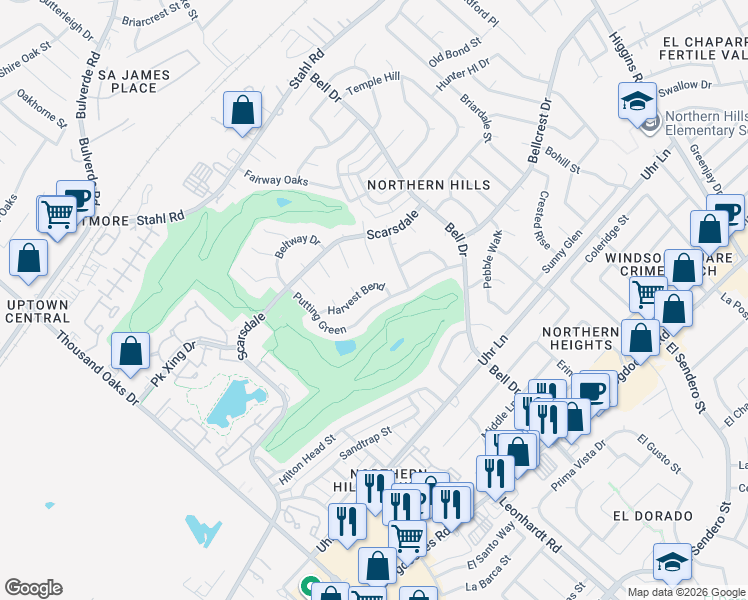 map of restaurants, bars, coffee shops, grocery stores, and more near 13502 Harvest Bend in San Antonio