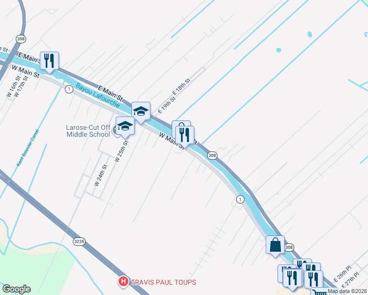 map of restaurants, bars, coffee shops, grocery stores, and more near Louisiana 1 in Larose
