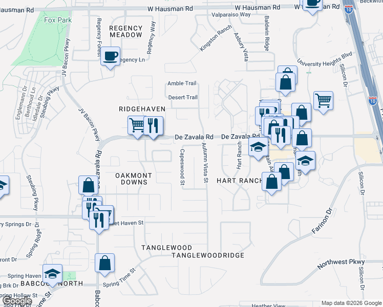 map of restaurants, bars, coffee shops, grocery stores, and more near 6118 Cloverwood Street in San Antonio