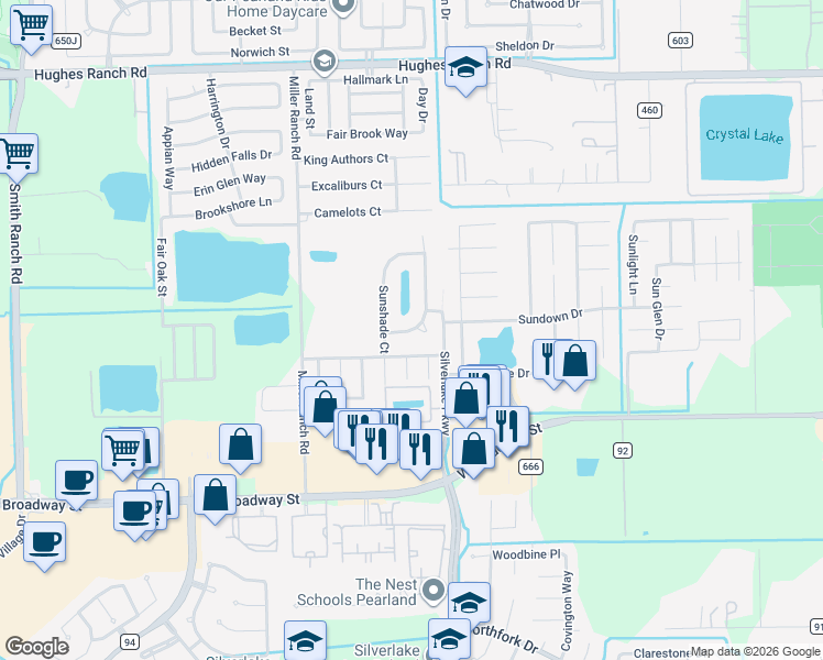 map of restaurants, bars, coffee shops, grocery stores, and more near Eden Ridge Lane in Pearland