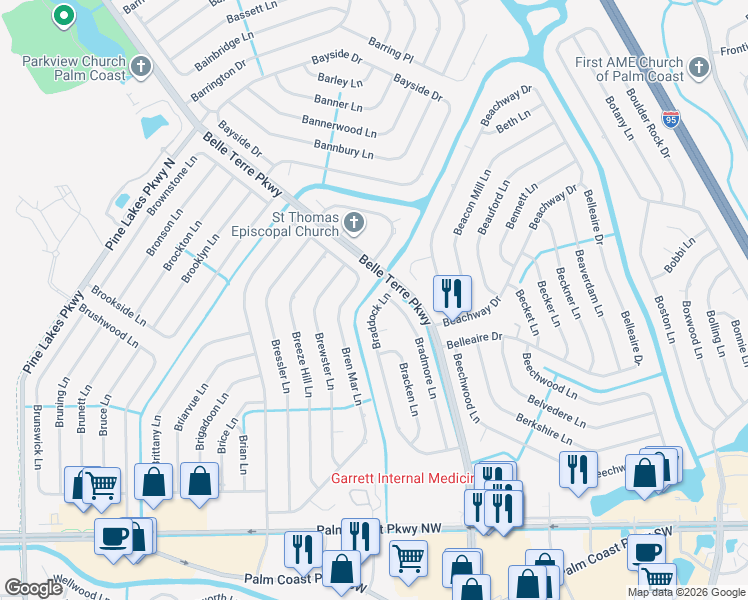 map of restaurants, bars, coffee shops, grocery stores, and more near 109 Braddock Lane in Palm Coast