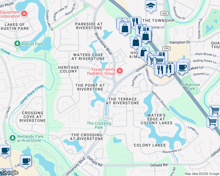 map of restaurants, bars, coffee shops, grocery stores, and more near 6434 Ivy Falls in Missouri City