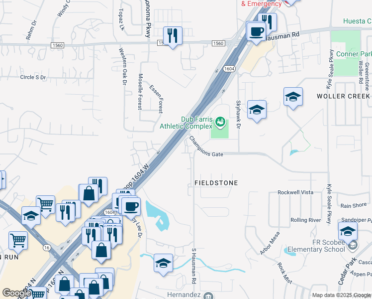 map of restaurants, bars, coffee shops, grocery stores, and more near 12011 South Hausman Road in San Antonio