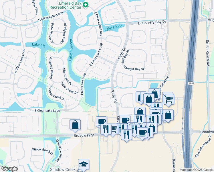 map of restaurants, bars, coffee shops, grocery stores, and more near 11605 Waterwood Court in Pearland