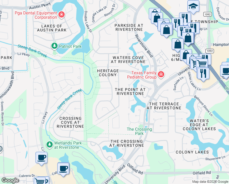 map of restaurants, bars, coffee shops, grocery stores, and more near 3706 Heritage Colony Drive in Missouri City