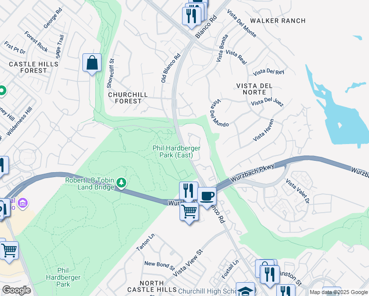 map of restaurants, bars, coffee shops, grocery stores, and more near 13169 Blanco Road in San Antonio