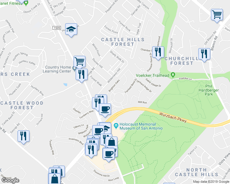 map of restaurants, bars, coffee shops, grocery stores, and more near 2527 Fairfield Bend Drive in San Antonio