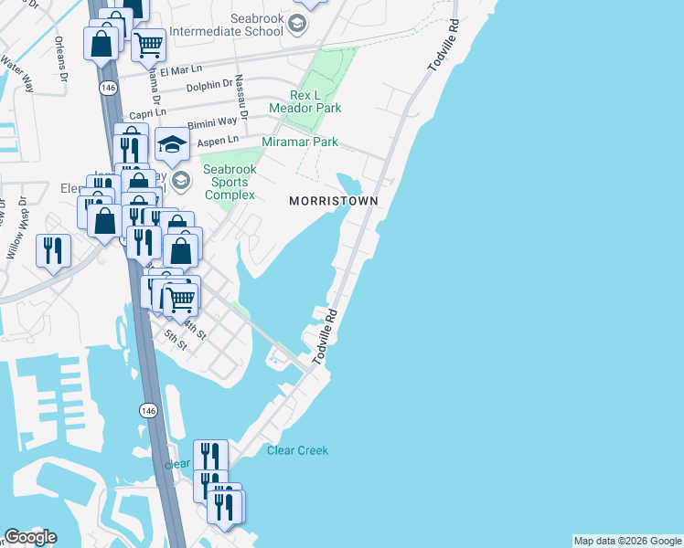 map of restaurants, bars, coffee shops, grocery stores, and more near 1621 Todville Road in Seabrook