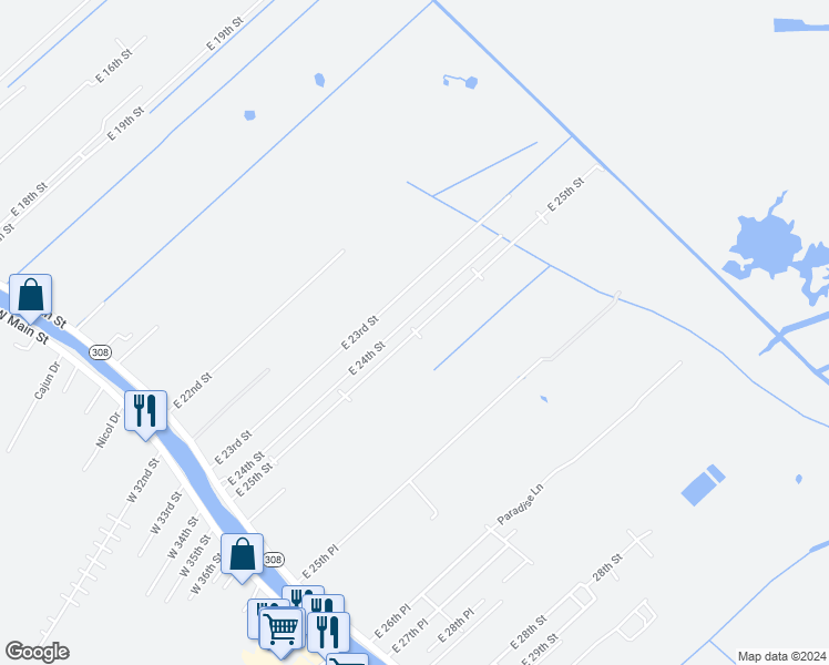map of restaurants, bars, coffee shops, grocery stores, and more near East 25th Street in Larose