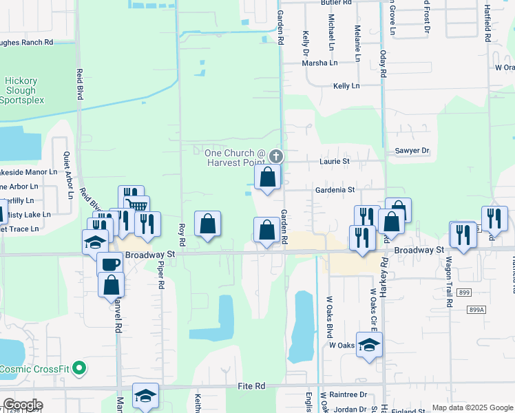 map of restaurants, bars, coffee shops, grocery stores, and more near 2534 Garden Road in Pearland