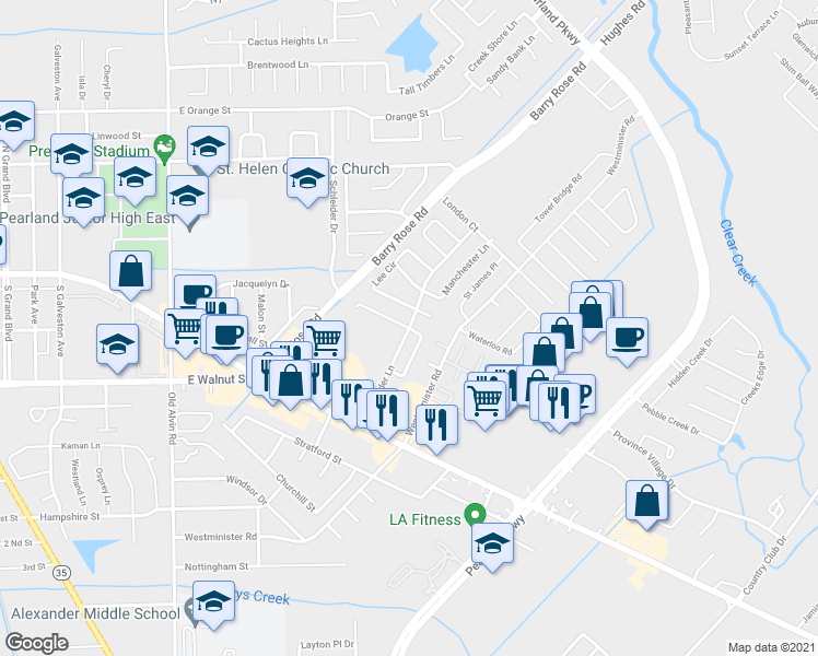 map of restaurants, bars, coffee shops, grocery stores, and more near 2414 Alexander Lane in Pearland
