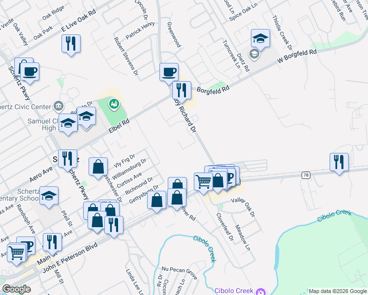 map of restaurants, bars, coffee shops, grocery stores, and more near 744 Roy Richard Drive in Schertz