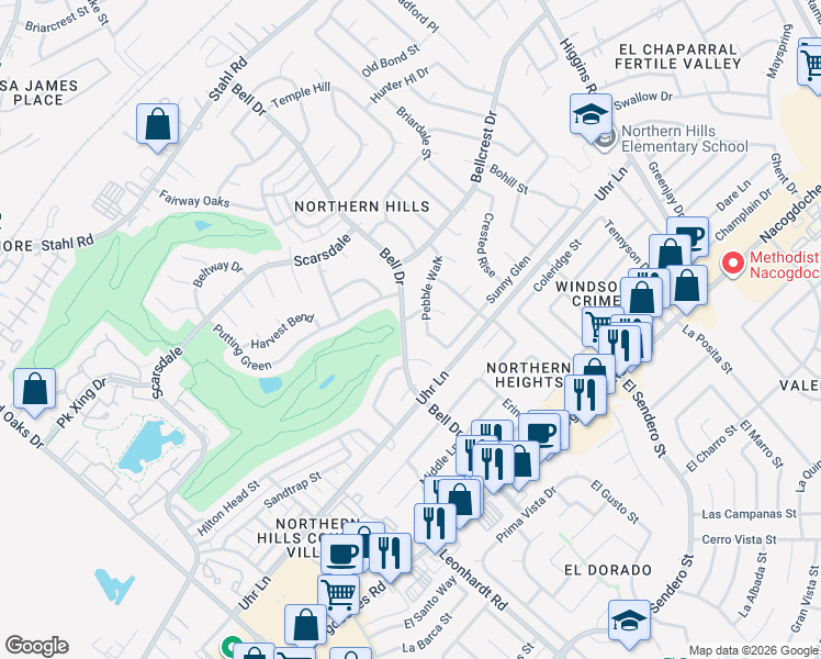 map of restaurants, bars, coffee shops, grocery stores, and more near 13515 Bell Drive in San Antonio