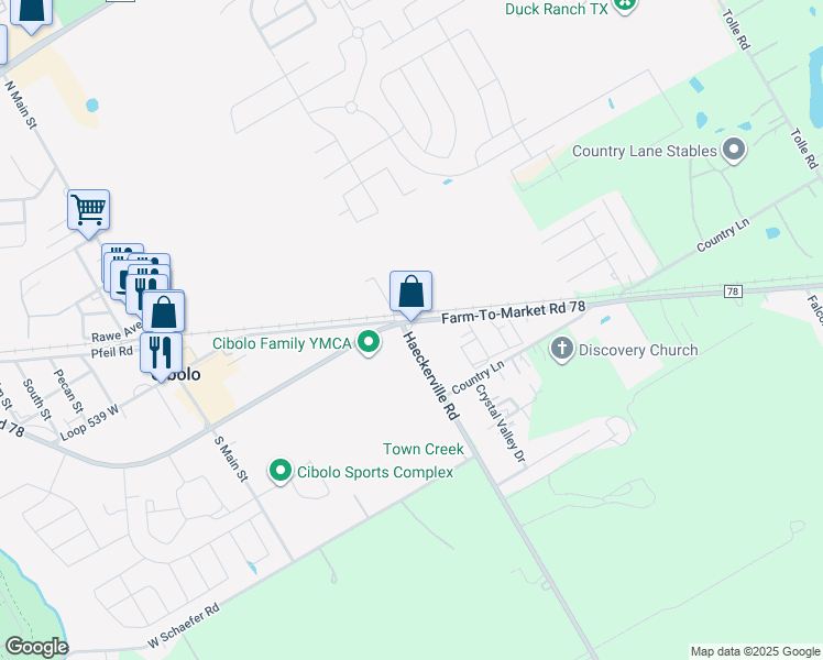 map of restaurants, bars, coffee shops, grocery stores, and more near 200 Farm to Market Road 78 in Cibolo