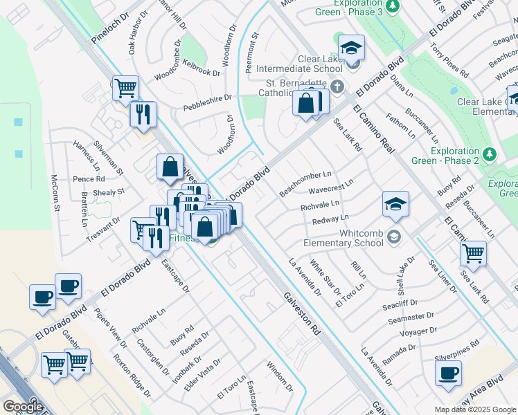map of restaurants, bars, coffee shops, grocery stores, and more near 715 Beachcomber Lane in Houston