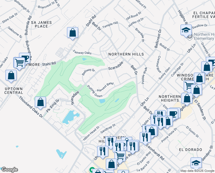 map of restaurants, bars, coffee shops, grocery stores, and more near 13502 Harvest Bend in San Antonio