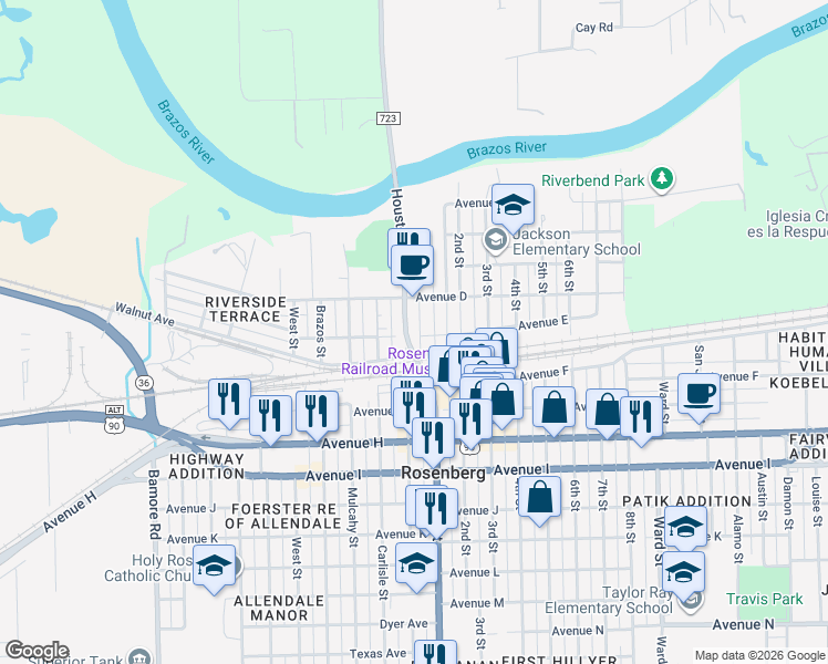 map of restaurants, bars, coffee shops, grocery stores, and more near 527 Houston Street in Rosenberg