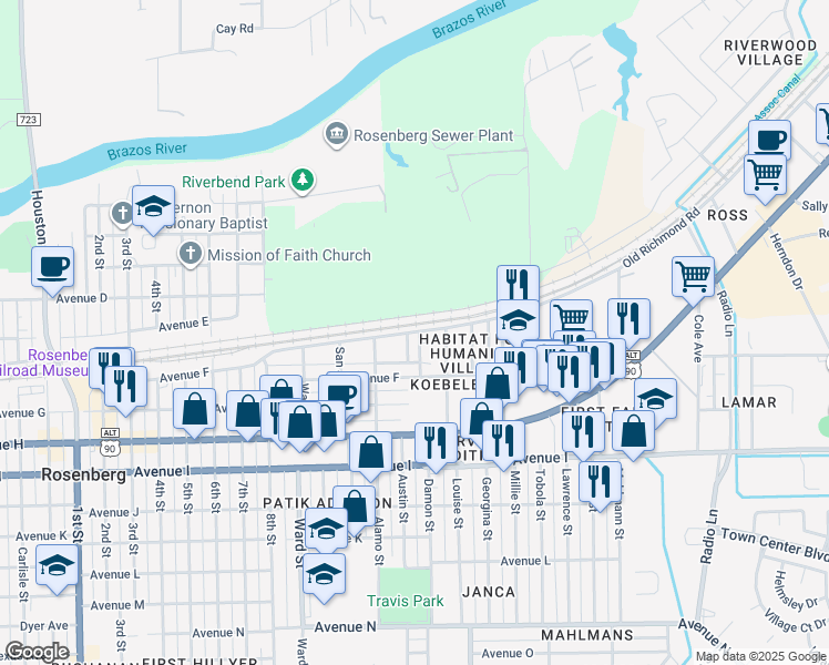 map of restaurants, bars, coffee shops, grocery stores, and more near 2968 Old Richmond Road in Rosenberg