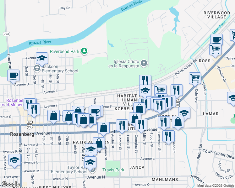 map of restaurants, bars, coffee shops, grocery stores, and more near 2968 Old Richmond Road in Rosenberg