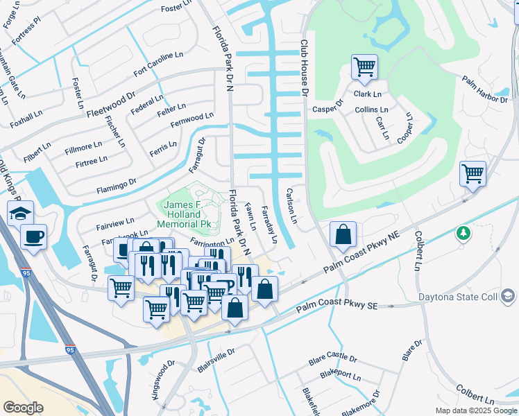 map of restaurants, bars, coffee shops, grocery stores, and more near 20 Farraday Lane in Palm Coast