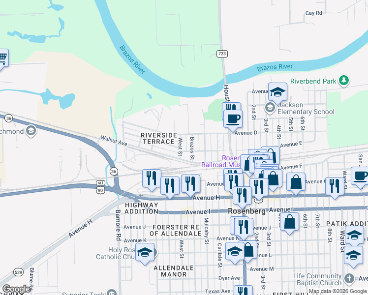 map of restaurants, bars, coffee shops, grocery stores, and more near 525 West Street in Rosenberg
