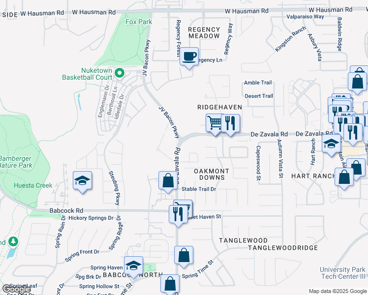 map of restaurants, bars, coffee shops, grocery stores, and more near 6420 De Zavala Road in San Antonio