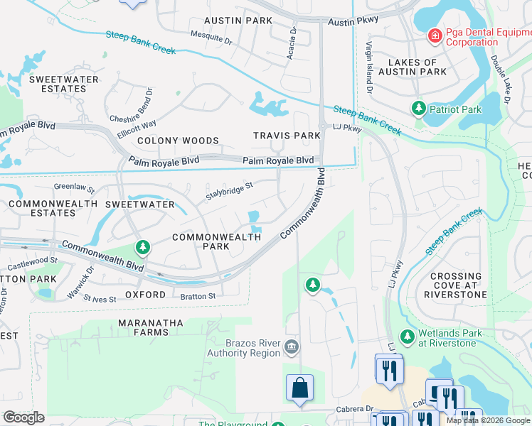 map of restaurants, bars, coffee shops, grocery stores, and more near 11 Sterling Court in Sugar Land