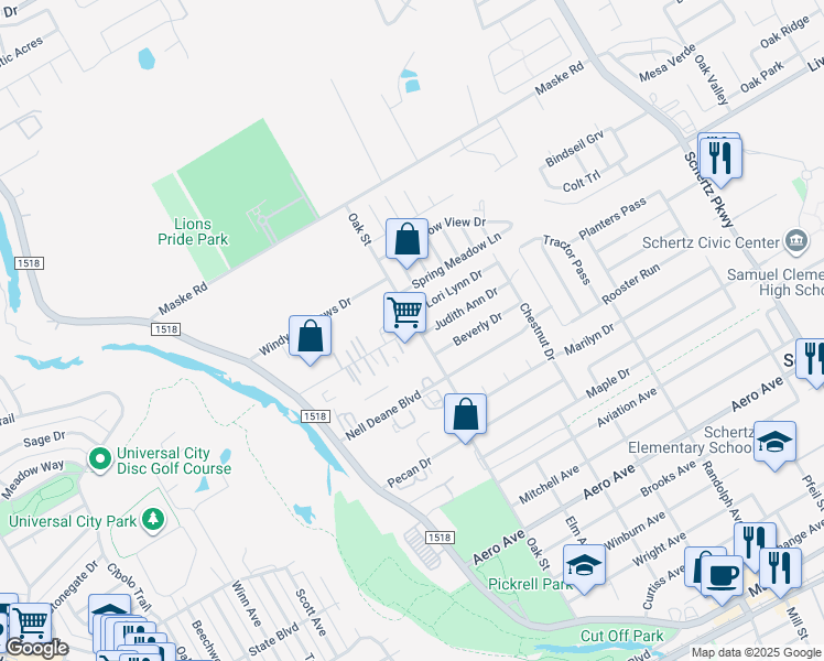 map of restaurants, bars, coffee shops, grocery stores, and more near 1505 Oak Street in Schertz