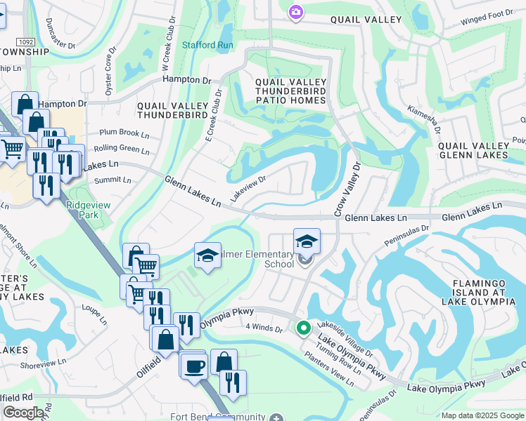 map of restaurants, bars, coffee shops, grocery stores, and more near 2930 Glenn Lakes Lane in Missouri City