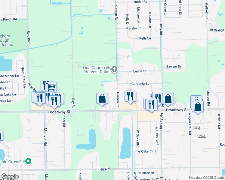 map of restaurants, bars, coffee shops, grocery stores, and more near 2534 Garden Road in Pearland