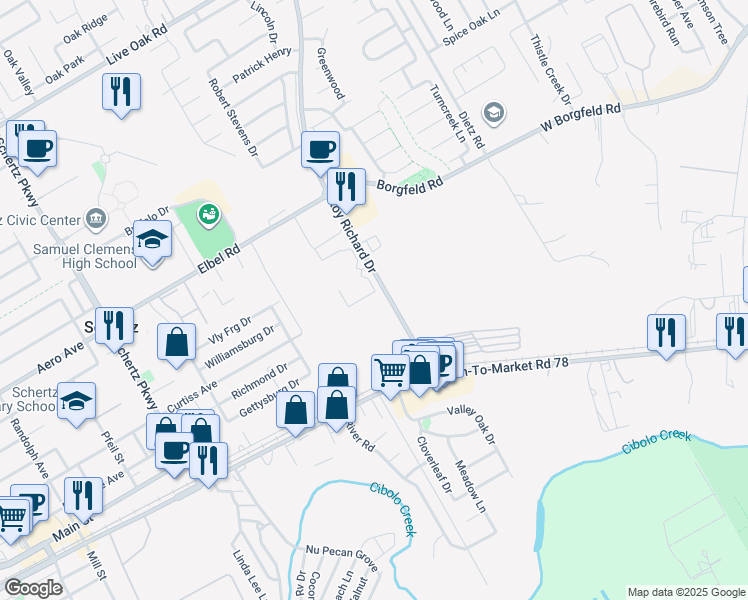 map of restaurants, bars, coffee shops, grocery stores, and more near 501 Farm to Market Road 3009 in Schertz