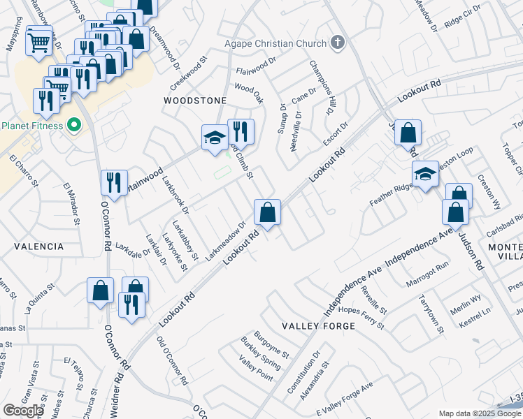 map of restaurants, bars, coffee shops, grocery stores, and more near 5918 Larkmeadow Drive in San Antonio