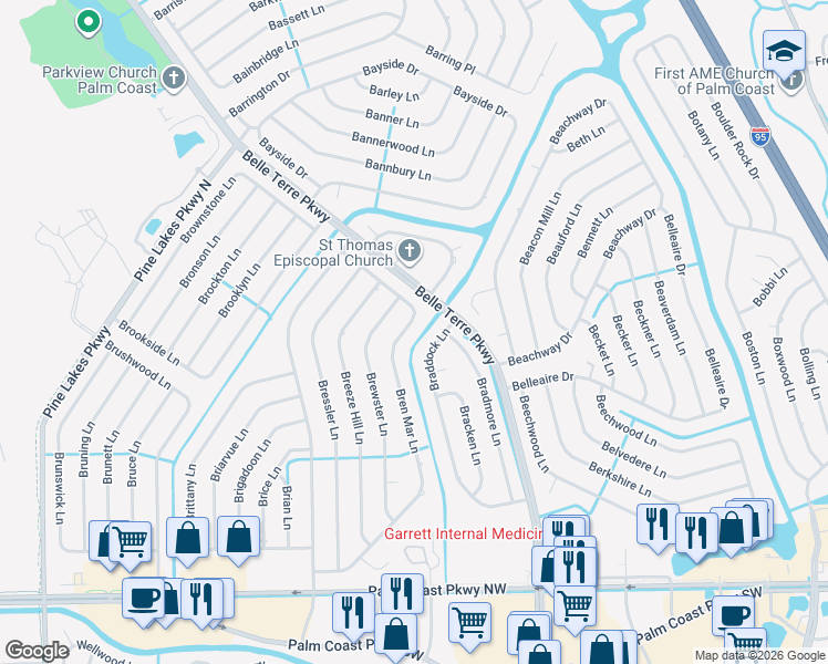 map of restaurants, bars, coffee shops, grocery stores, and more near 109 Braddock Lane in Palm Coast