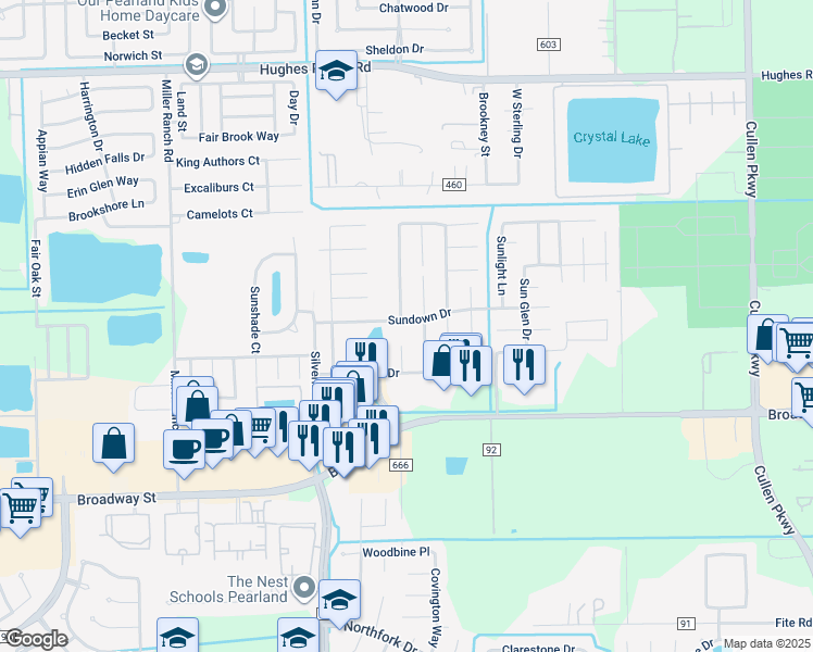 map of restaurants, bars, coffee shops, grocery stores, and more near 9302 Sundown Drive in Pearland