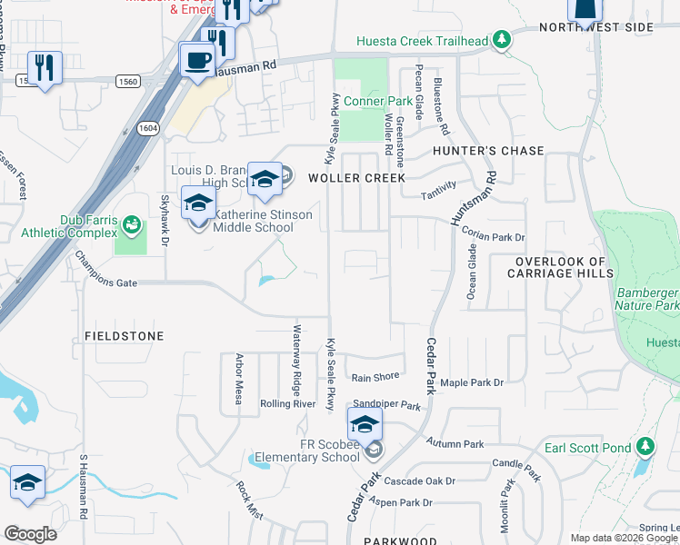 map of restaurants, bars, coffee shops, grocery stores, and more near 12687 Woller Road in San Antonio