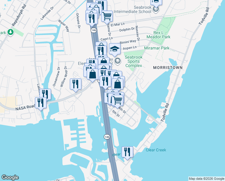 map of restaurants, bars, coffee shops, grocery stores, and more near 1501 Main Street in Seabrook