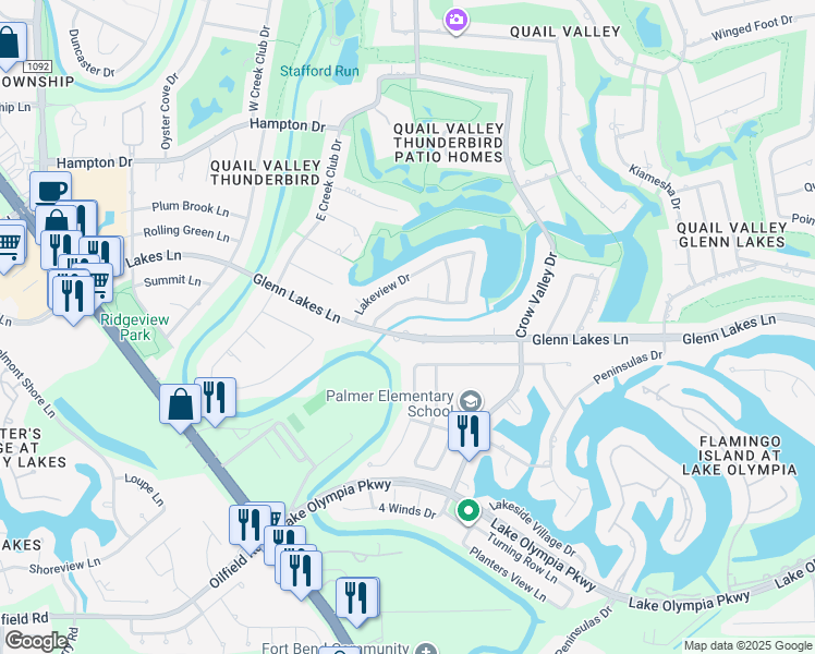 map of restaurants, bars, coffee shops, grocery stores, and more near 2930 Glenn Lakes Lane in Missouri City