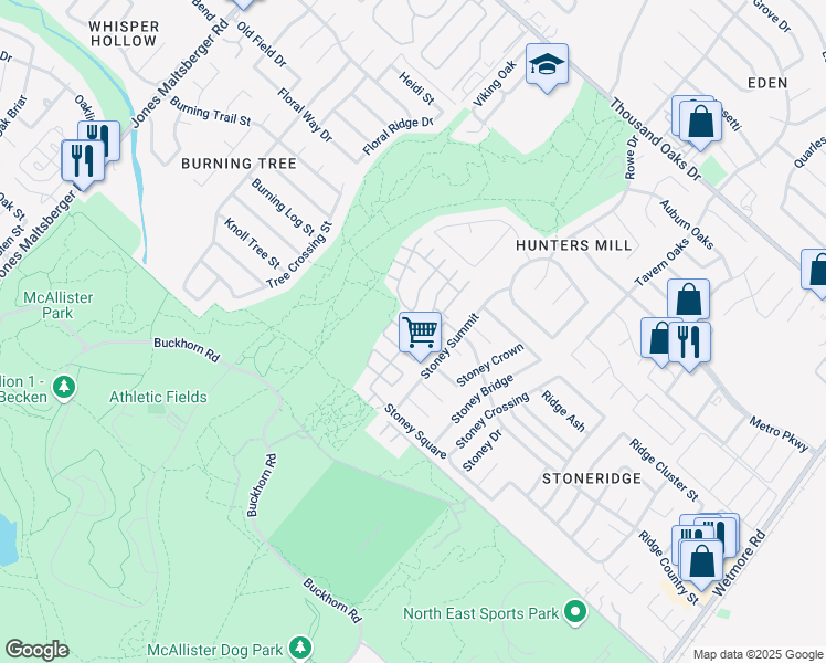map of restaurants, bars, coffee shops, grocery stores, and more near 3131 Stoney Grove in San Antonio