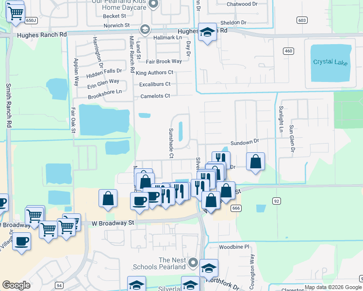 map of restaurants, bars, coffee shops, grocery stores, and more near 9619 Eden Ridge Lane in Pearland